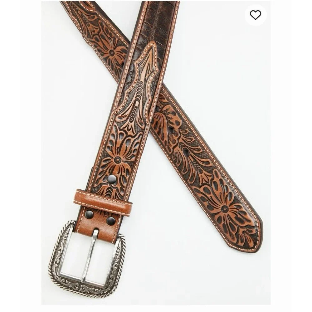 NWOT Try On ARIAT Men's Croc Floral Tabs Leather Belt Size 42 Western Cowboy